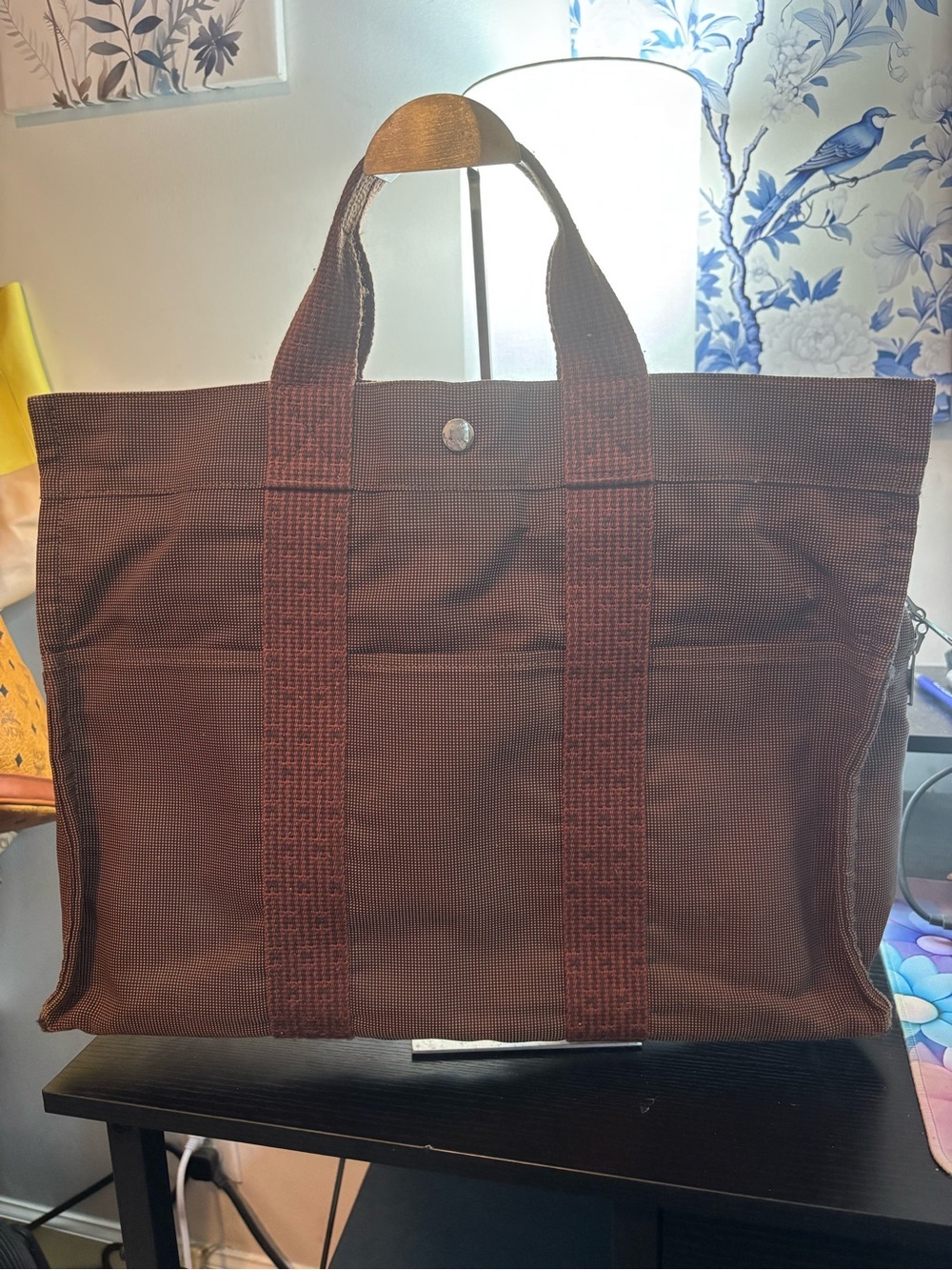 Rare Authentic Hermès Herline MM Zippered Canvas Tote Bag - Brown/Brick Red